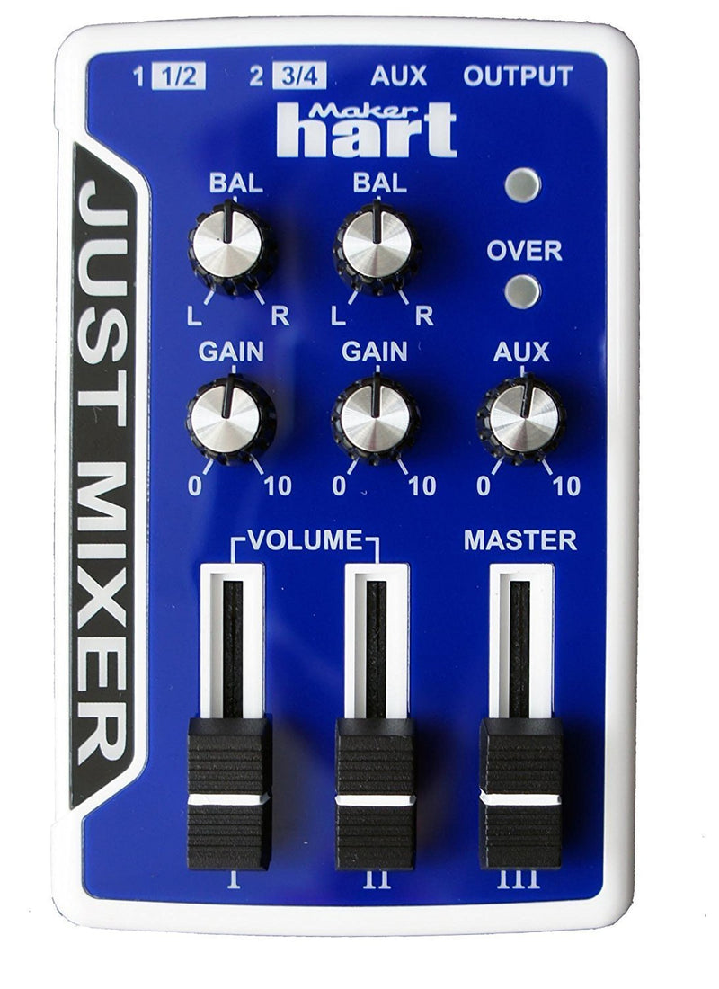 JUST MIXER Audio Mixer - Battery/USB Powered Portable Pocket Audio Mixer w/ 3 Stereo Channels (3.5mm) Plus On/Off Switch Blue