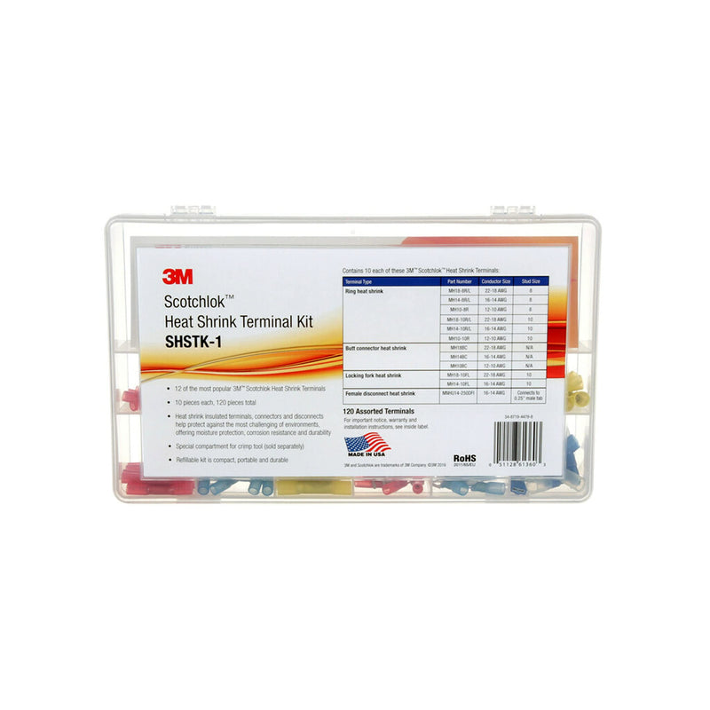 3M Scotchlok Heat Shrink Terminal Kit, SHSTK-1, selection of 12 terminals, refillable kit is compact, portable and durable, 1 Kit of 120 pieces