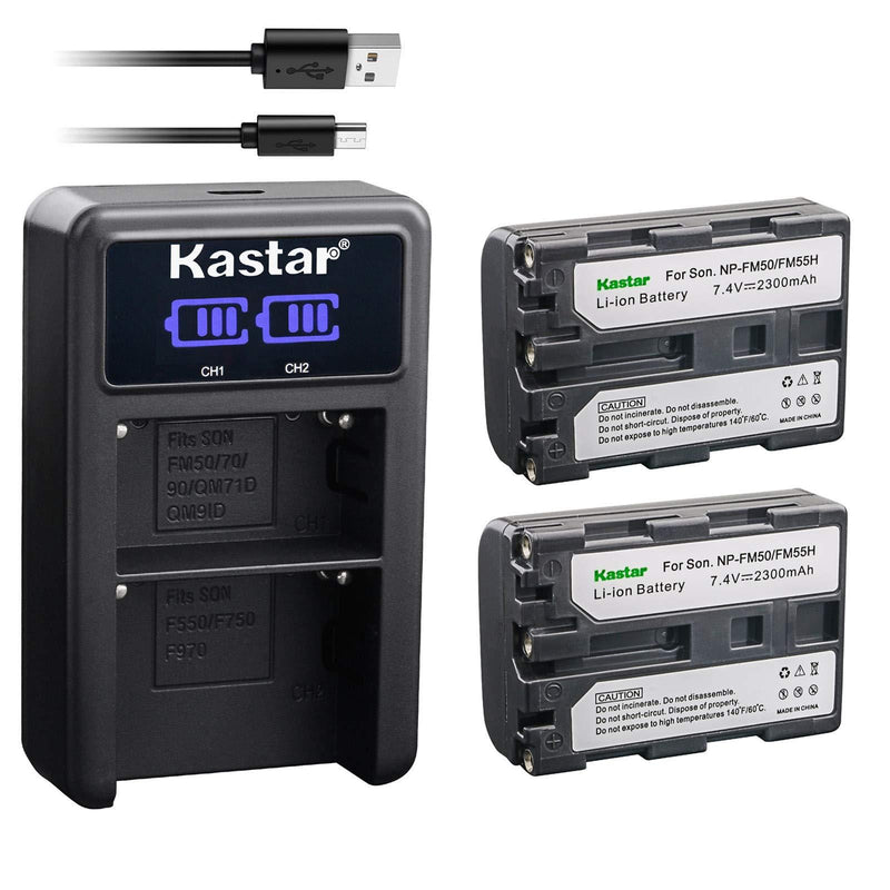 Kastar Battery (X2) & LCD Dual Slim Charger for NP-FM50 NP-FM30 NP-FM51 NP-QM50 NP-QM51 NP-FM55H and Sony CCD-FRV DCR-PC DCR-TRV DCR-DVD DSR-PDX GV HVL Series Camera Camcorder