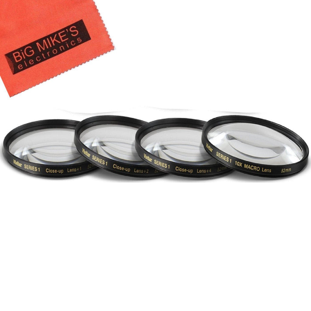 52mm Close-Up Filter Set (+1, 2, 4 and +10 Diopters) Magnificatoin Kit for Canon, Nikon, Olympus, Pentax, Sony, Sigma, Tamron Digital Cameras and Camcorders + Microfiber Cleaning Cloth