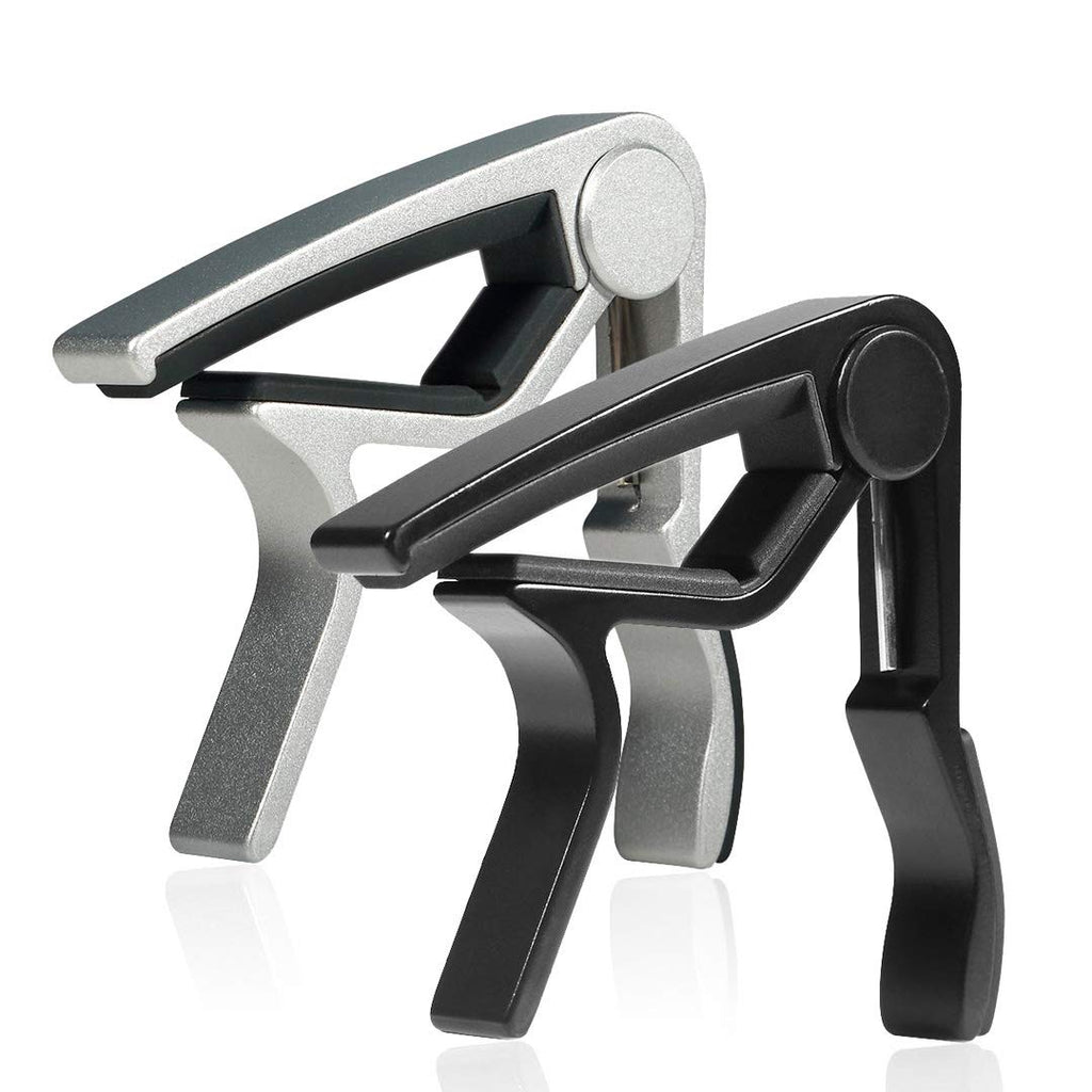 WINGO 6 String Single-handed Guitar Capo For Acoustic Electric Guitar - 2 Pack of Black and Silver Black & Silver