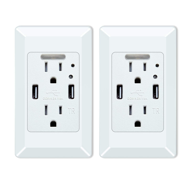 NineLeaf 4.2A LED Night Light Outlet Wall Adapter with 2 AC Outlets and 2 USB Ports Light Sensor Portable for Home White fast charging 2 Packs