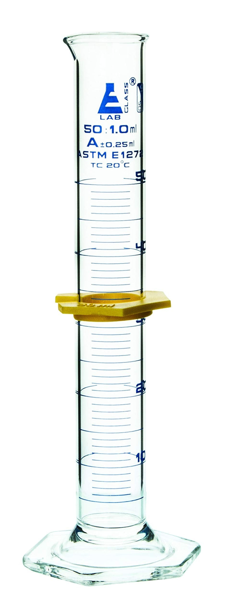 Measuring Cylinder, 50ml - ASTM, Class A Tolerance ±0.25ml - Protective Collar, Hexagonal Base - Blue Graduations - Borosilicate 3.3 Glass - Eisco Labs