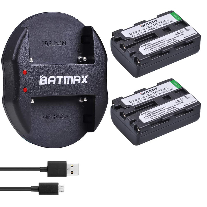 Batmax 2Pcs NP-FM50 Rechargeable Batteries(1800mAh) + USB Dual Charger for Sony NP-FM30 NP-FM51 NP-QM50 NP-QM51 NP-FM55H Battery and Sony M Type NP-FM50 Equivalent Camcorder/Digital Camera