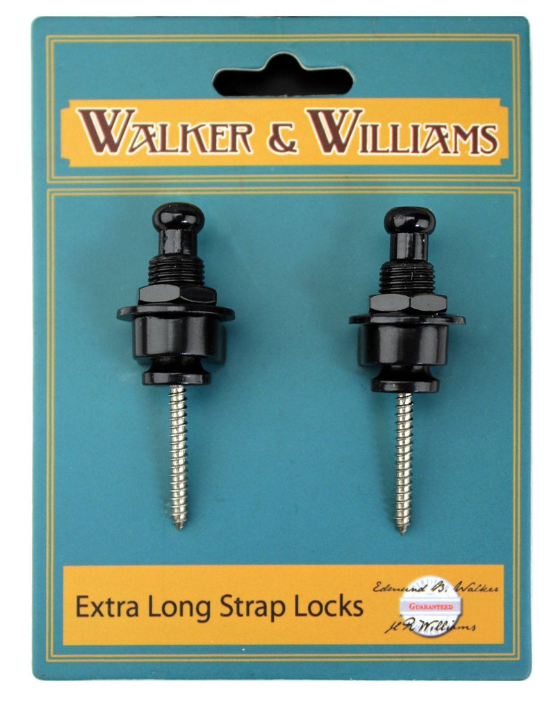 Walker & Williams Extra Long Deep Barrel Black Strap Locks for Thick Guitar Straps