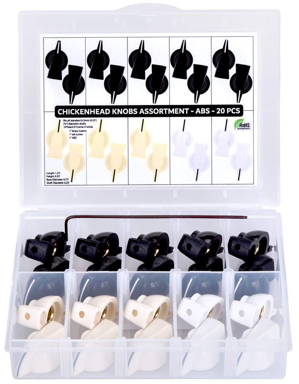 20 pcs Chickenhead Knobs Assortment Kit Box, 10 pcs Black, 6 pcs Creme, 4 pcs White, ABS