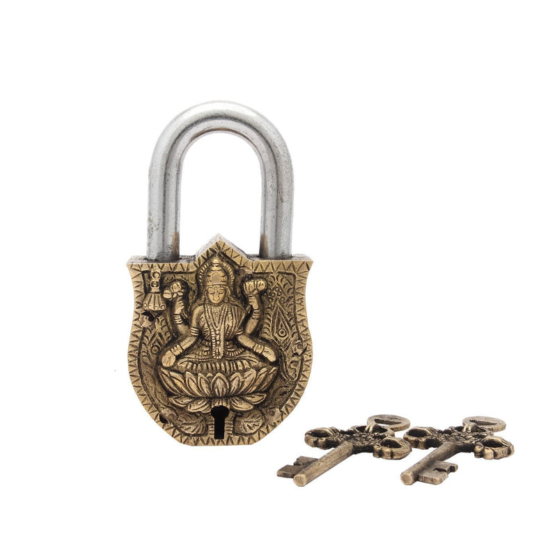 Purpledip Handmade Brass Antique Pad Lock with Maa Laxmi Idol,Medium (10465)