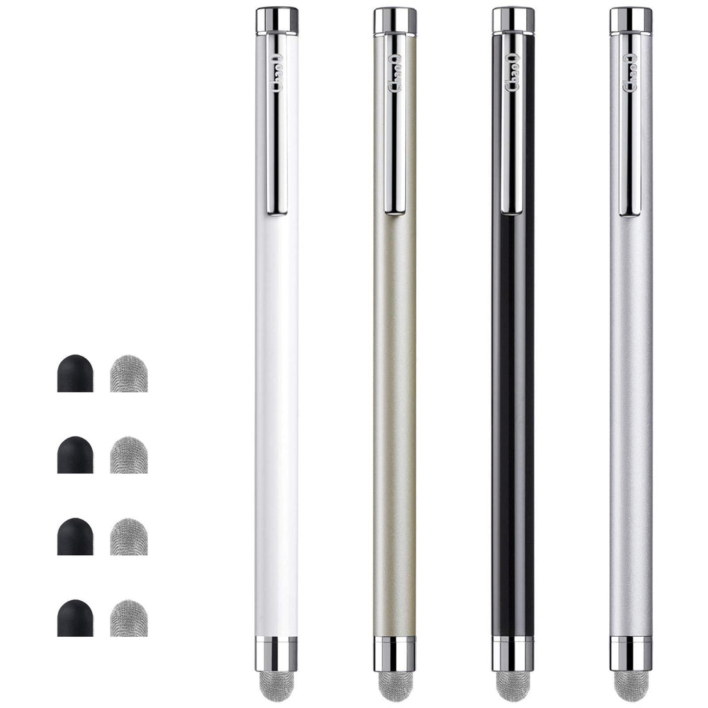 Stylus Pens for Touch Screens, ChaoQ 4 Pcs Mesh Fiber Stylus, with 4 Replaceable Mesh Tips and 4 Replaceable Rubber Tips (Silver, Black, White, Champagne) 4 Colors - silver/black/white/champagne