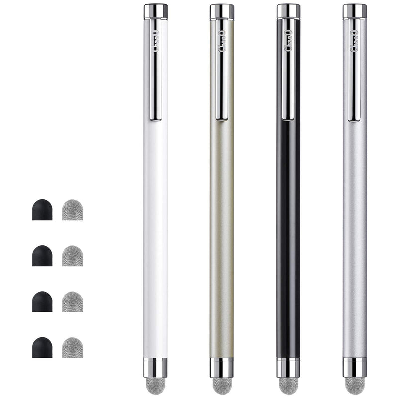 Stylus Pens for Touch Screens, ChaoQ 4 Pcs Mesh Fiber Stylus, with 4 Replaceable Mesh Tips and 4 Replaceable Rubber Tips (Silver, Black, White, Champagne) 4 Colors - silver/black/white/champagne