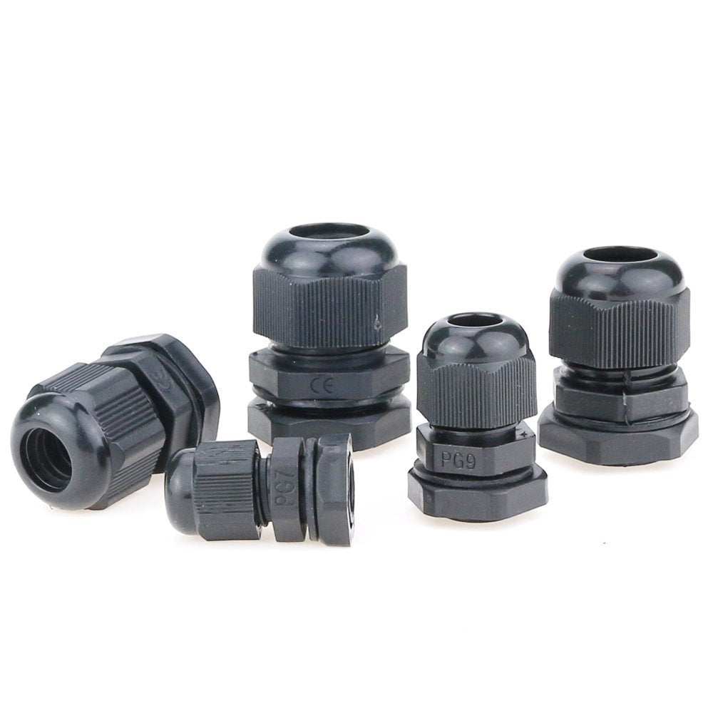 Hilitchi 60 Piece Nylon Plastic Waterproof Adjustable 3.5-13mm Cable Glands Joints Cable Gland - PG7, PG9, PG11, PG13.5, PG16 Black-60pcs