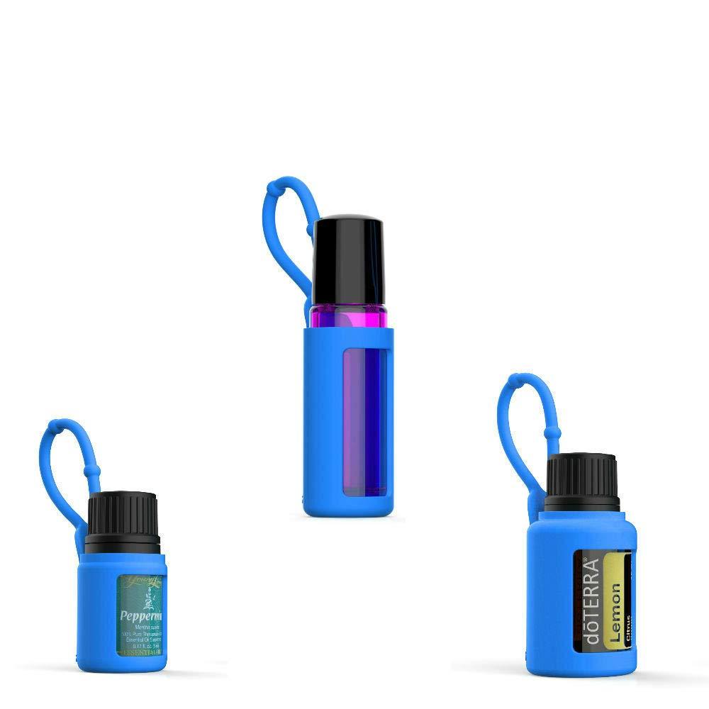 Xtremeglas Essential Oil Bottle Case Travel Holder for Car, Purse, Gym Bag, Backpack, Keychain, Keyring, On The Go, Oils Storage 5ml, 10ml Roller Bottle, 15ml Sleeves (3-pc 5ml,10ml,15ml, Blue) 3-pc 5ml,10ml,15ml