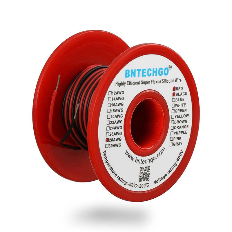 BNTECHGO 28 Gauge Silicone Wire Spool Red and Black Each 50ft 2 Separate Wires Flexible 28 AWG Stranded Copper Wire silicone wire 50ft red and 50ft black 28 Awg Silicone Wire Red and Black