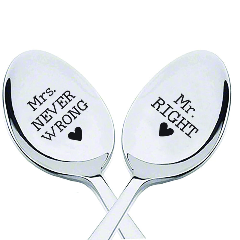 Mr Right Mrs Never Wrong-Engraved Spoon-Wedding Gift -Anniversary Gift-Cutlery Pair Of Spoons -Wedding Keepsake-Memento-Bride To Be