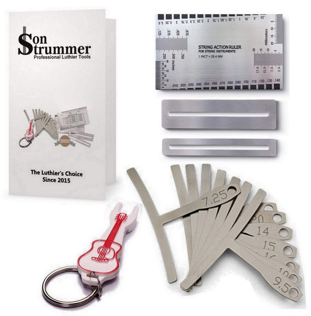 Son Strummer Set of 13 Premium Luthier Tools - Tool kit includes 9 Understring Radius Gauge, 1 Pin Puller, 1 String Action Gauge Ruler, 2 Fingerboard Fret Protector Guards for Guitar Bass Setup