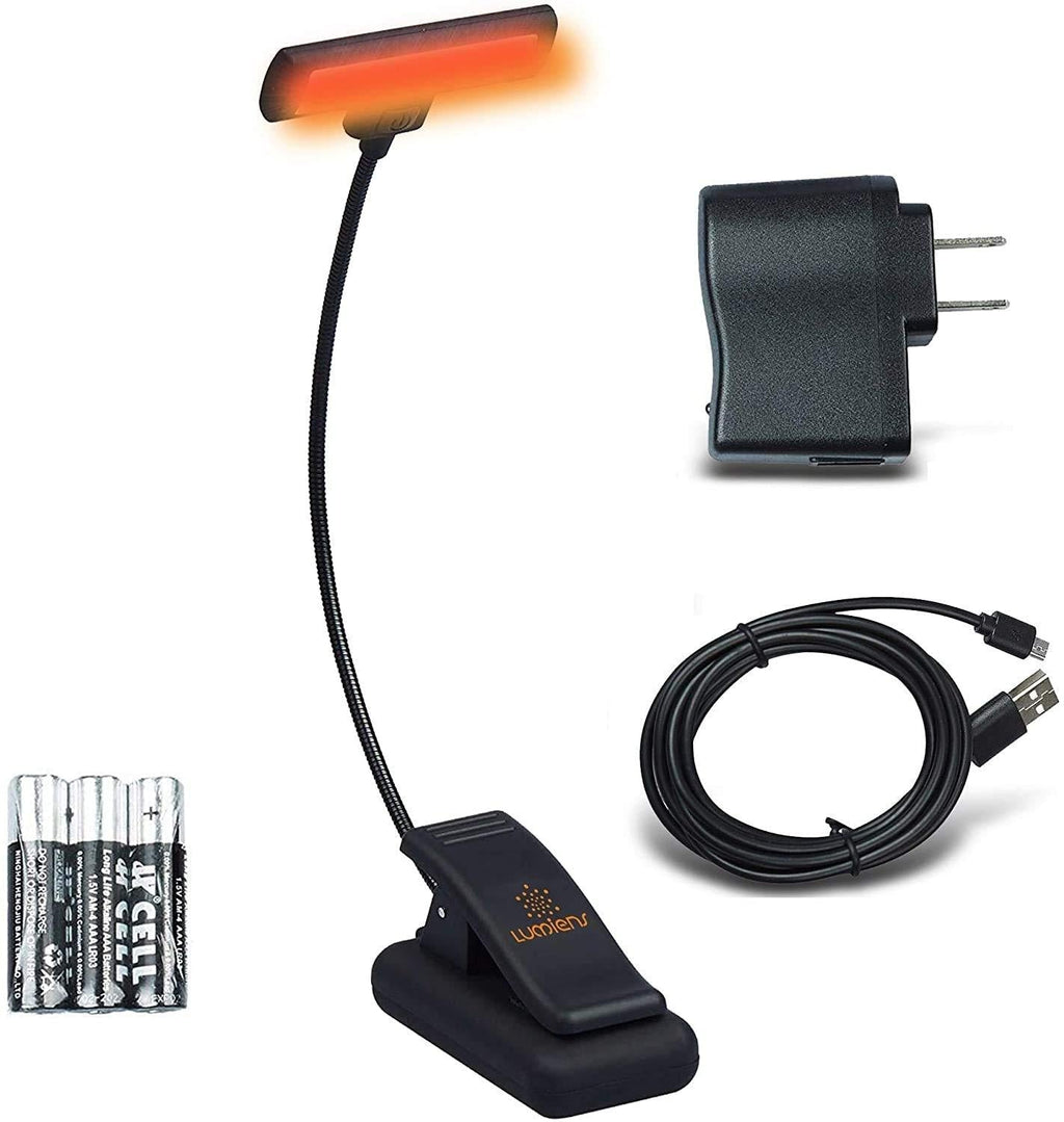 Lumiens Astoria - Amber Reading Light Clip On - 3 Levels of Brightness Book Reading Light - The #1 Eye Care Warm Book Light, Blocks 99.95% of Blue Light, AAA Batteries