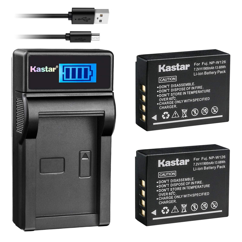 Kastar Battery (X2) & Slim LCD USB Charger for Fujifilm NP-W126 NP-W126S and FUJIFILM X-Pro2 X-Pro1 X-T2 X-TX-T10 X-E2S X-E2 X-E1 X-M1 X-A10 X-A3 X-A2 X-A1, FinePix HS50EXR HS30EXR HS33EXR Cameras