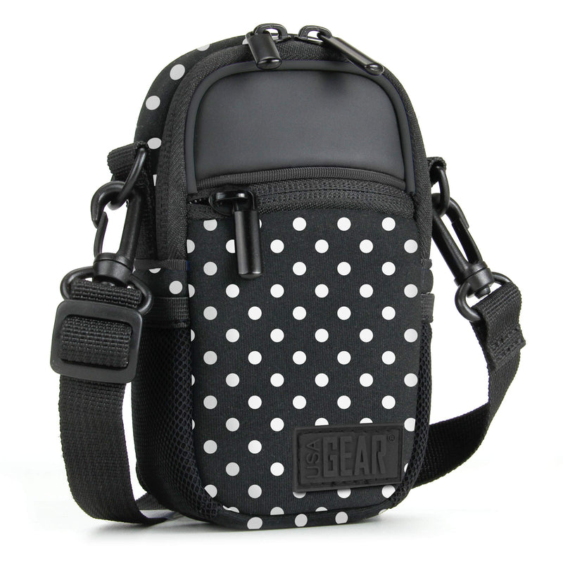 USA GEAR Compact Camera Case (Polka Dot) Point and Shoot Camera Bag with Accessory Pockets, Rain Cover and Shoulder Strap-Compatible with Sony CyberShot, Canon PowerShot ELPH, Nikon COOLPIX and More Polka Dot
