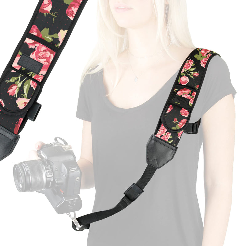 USA GEAR Camera Sling Shoulder Strap with Adjustable Neoprene, Safety Tether, Accessory Pocket, Quick Release Buckle - Compatible with Canon, Nikon, Sony and More DSLR and Mirrorless Cameras (Floral) Floral