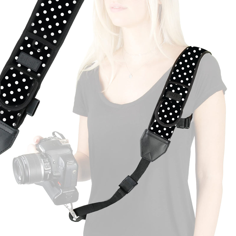 USA GEAR Camera Sling Shoulder Strap with Adjustable Neoprene, Safety Tether, Accessory Pocket, Quick Release Buckle - Compatible w/ Canon, Nikon, Sony and More DSLR and Mirrorless Cameras (Polka Dot) Polka Dot