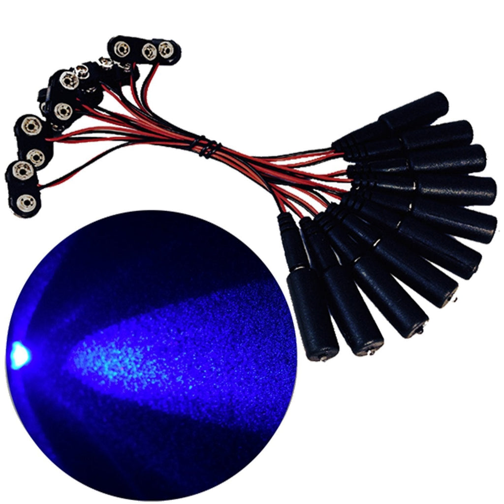 [AUSTRALIA] - 10 pack Blue LED effects light operates from 9V battery, narrow spot light for props scenery theatrical costumes with 9 volt battery clips 