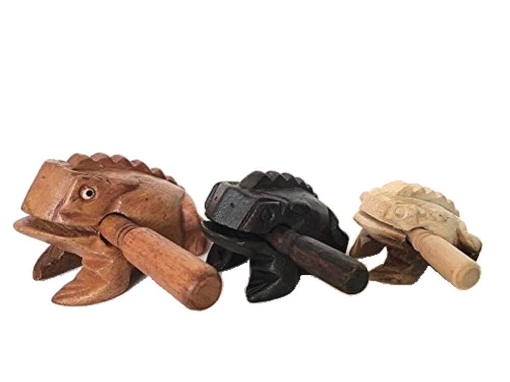 Percussion Instruments Wooden Frog 3 Piece Set of 4 Inch Brown Frog, 3 Inch Black Frog, 2.75 Inch Natural Wood Frog, Wooden Frog Musical Instrument.