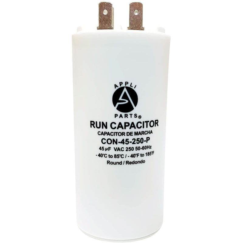 Appli Parts Run Capacitor for electric motors 45 Mfd uF (microfarads) 250VAC Plastic Case with terminals CBB60 Round Universal fit water pumps and others 4-1/4 in High 1-3/4 in Wide CON-45-250-P 45 Mfd 250v