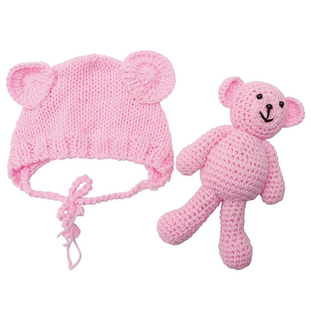 ECYC Newborn Baby Bear Hat Beanie with Bear Dolls Photography Accessories,Pink Pink