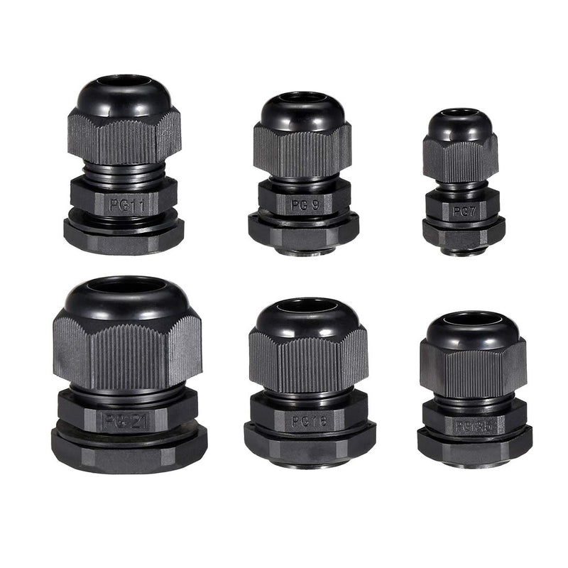 uxcell 30 Pcs (5 Pcs of each model) PG7 PG9 PG11 PG13.5 PG16 PG21 Waterproof IP68 Nylon Cable Gland Joint Adjustable Locknut for 3.5mm-18mm Dia Cable Wire