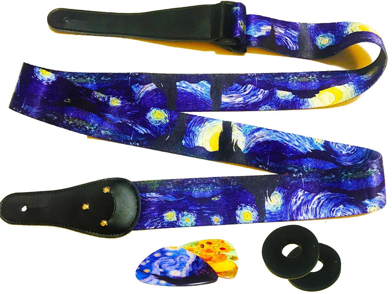 Van Gogh"Starry Night" Guitar Strap Includes 2 Strap Locks & 2 Matching Picks. Adjustable Guitar Strap - Christmas Gift for Men Women Guitarist for Bass, Electric & Acoustic Guitars stocking stuffer Van Gogh Starry Night