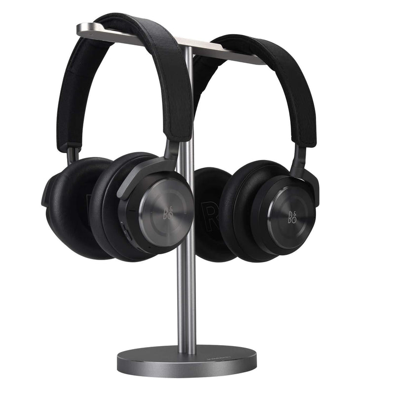 Double Headphones Stand, JOKItech Aluminum Alloy Desk 3 Headsets Holder Supporting Desktop Earphone Hanger Mount Storage Rack with Heavy Base for Home and Office Display Spacegrey Dual