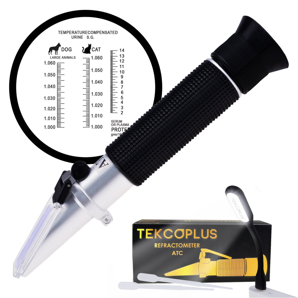 Clinical Refractometer,Tri-Scale-Serum Protein 2-14g/dl,Urine Specific Gravity 1.000-1.060SG for Veterinary Cat,Dog, Pets w/Extra LED Light and pipettes Urine SG / Serum Protein