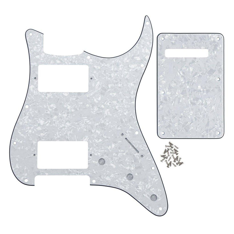 IKN 11 Hole Strat HH Pickguard Back Plate Tremolo Cavity Cover w/Screws for Standard Strat Modern Style Guitar Replacement, 4Ply White Pearl