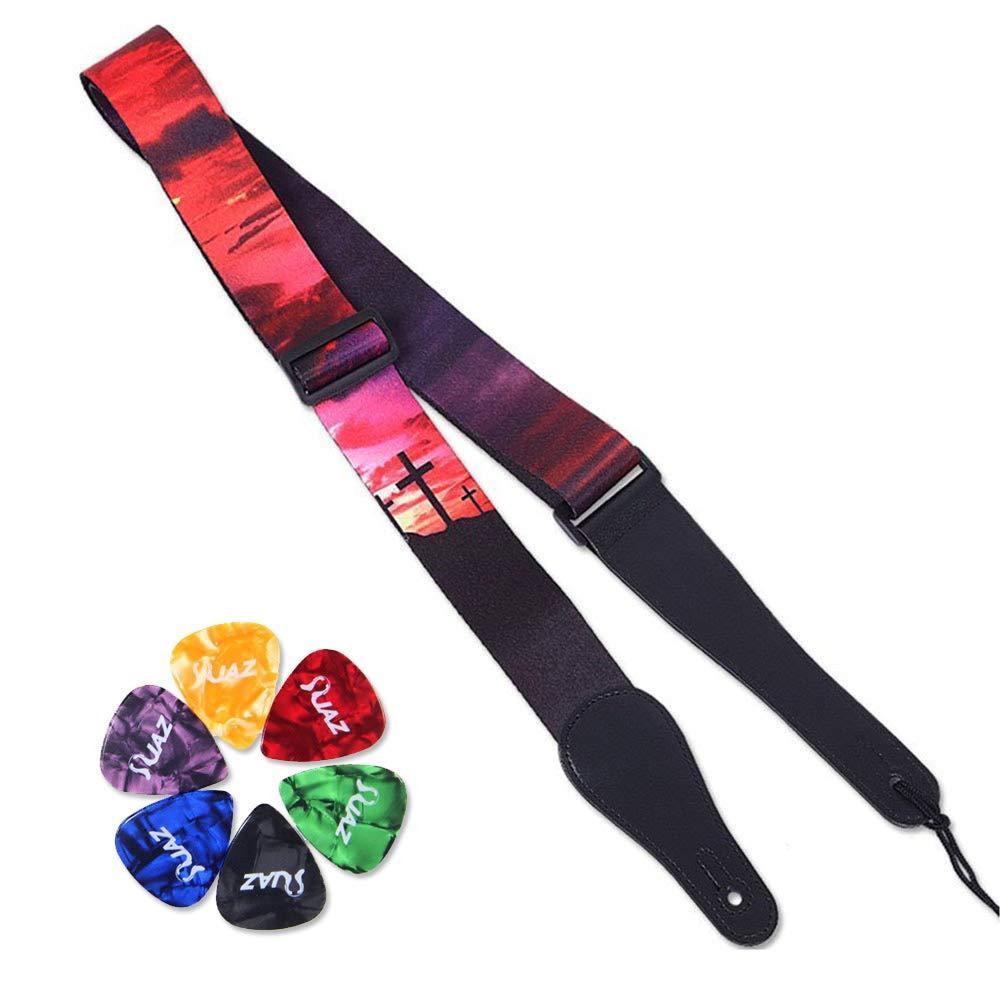 Guitar Strap for Acoustic - Vintage Strap for Classical and Electric Guitars Adjustable Soft Polyester Cotton Strap with Free Guitar Picks (Sunset)
