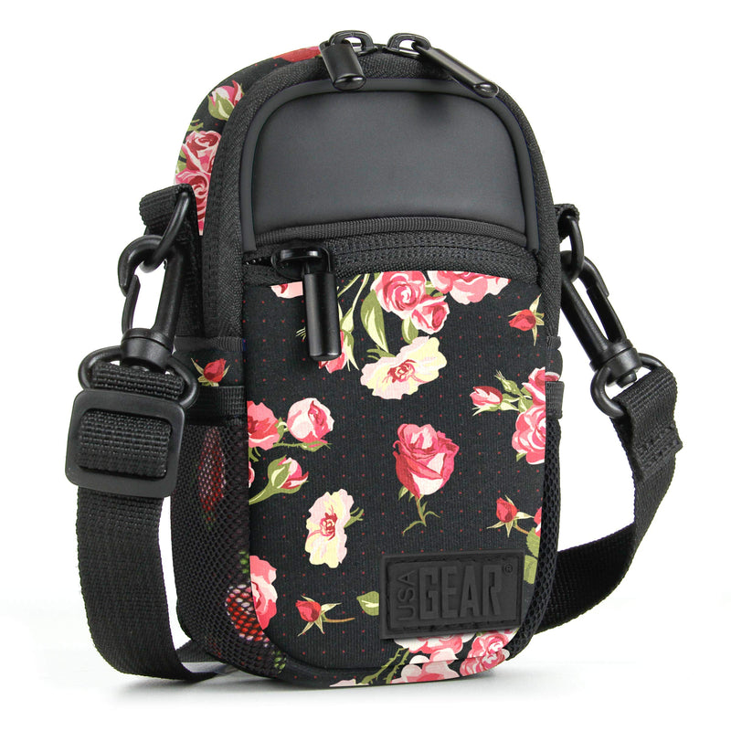 USA GEAR Compact Camera Case Point and Shoot Camera Bag with Accessory Pockets, Rain Cover and Shoulder Strap - Compatible with Sony CyberShot, Canon PowerShot ELPH, Nikon COOLPIX and More (Floral) Floral and Black