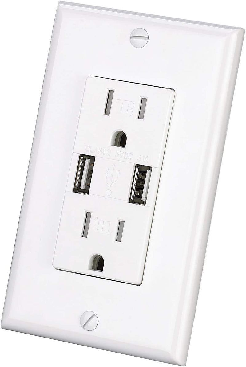 Micmi Outlet with USB Charger Wall Dual High Speed Receptacle 15-Amp, Smart 3.1A Quick Charging Capability, Tamper Resistant Wall plate Included UL Listed 2021 Upgrade White (USB outlet 1pack)