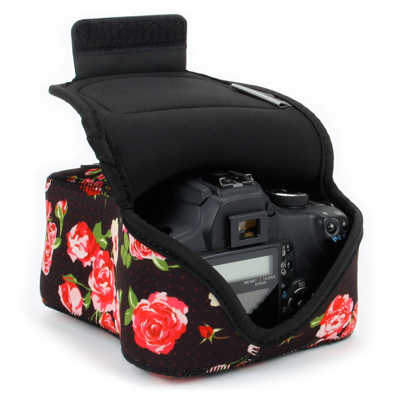 USA GEAR DSLR Camera Sleeve Case (Floral) with Neoprene Protection, Holster Belt Loop and Accessory Storage - Compatible with Nikon D3100, Canon EOS Rebel SL2, Pentax K-70 and Many More Floral