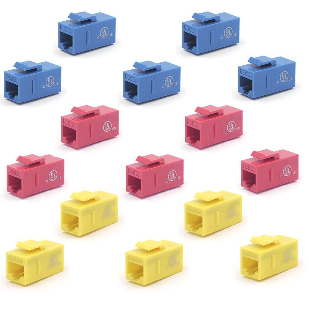VCE UL Listed 15-Pack CAT6 Keystone Coupler RJ45 Female to Female Insert Coupler UTP Keystone Inline Coupler Blue+Red+Yellow