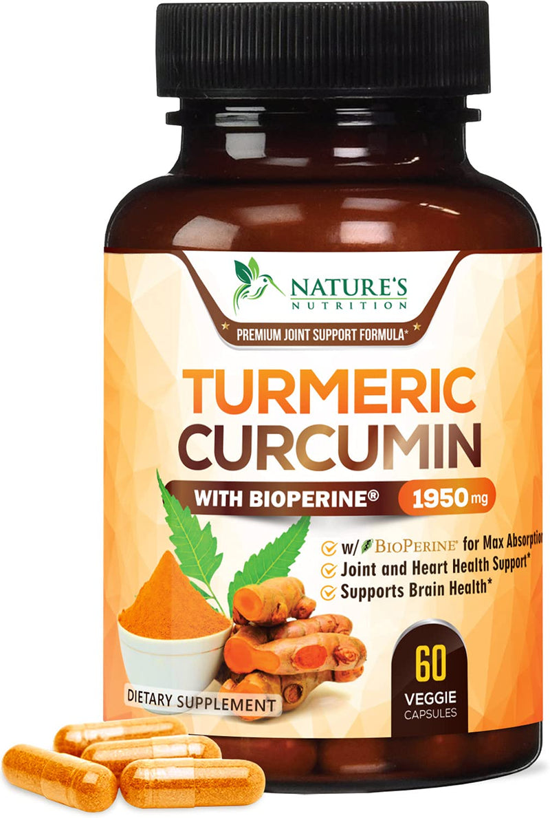 Turmeric Curcumin Highest Potency 95% Curcuminoids 1950mg with BioPerine Black Pepper for Ultra High Absorption, Made in USA, Best Vegan Joint Support by Natures Nutrition - 60 Capsules 60 Count (Pack of 1)