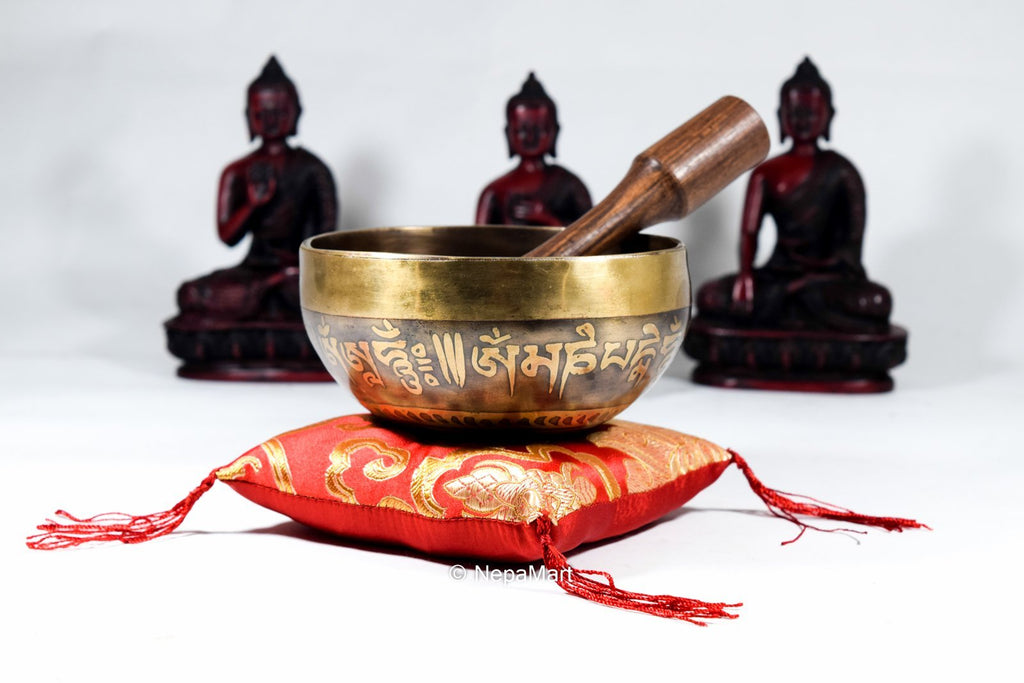 Tibetan Singing Bowl Set with Mallet & Silk Cushion Om Mani Padme Hum Etching For Meditation, Chakra Healing, Prayer,Yoga, and Mindfulness (5 Inch, Original)