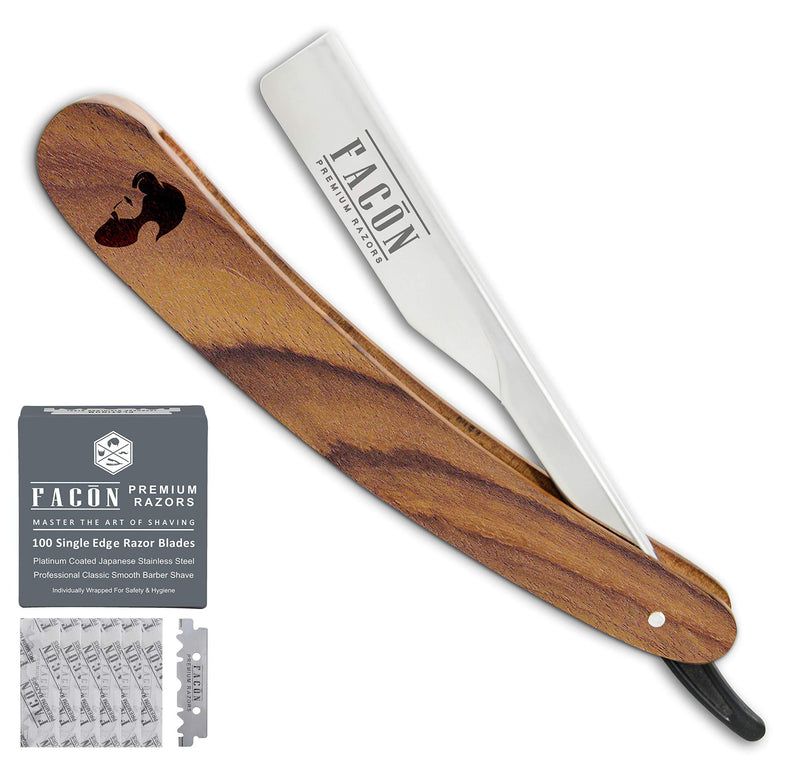 100 BLADES + Facón Professional Wooden Straight Edge Barber Razor - Salon Quality Cut Throat Shavette