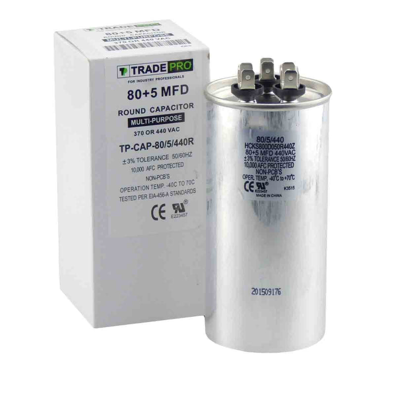 80/5 MFD 440 or 370 Volt Round Run Capacitor Replacement TradePro 80+5