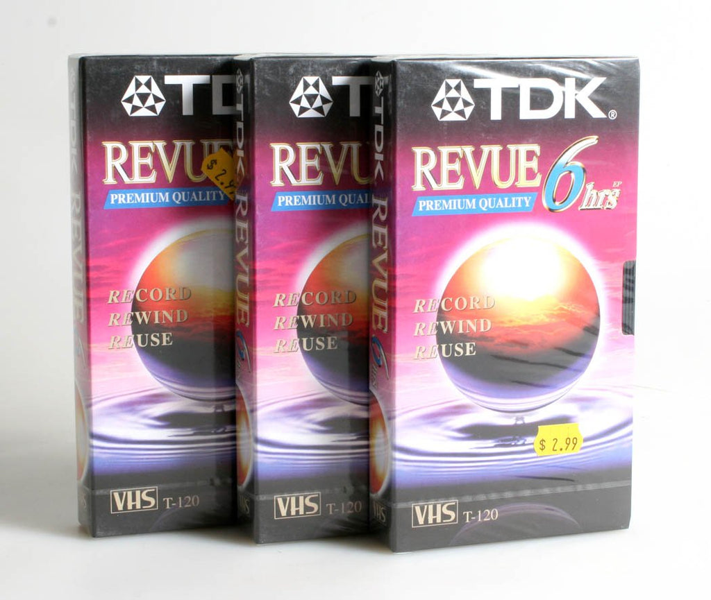 TDK T-120 REVUE STANDARDS GRADE VHS VIDEO CASSETTE TAPE 6 HRS, SET OF 3