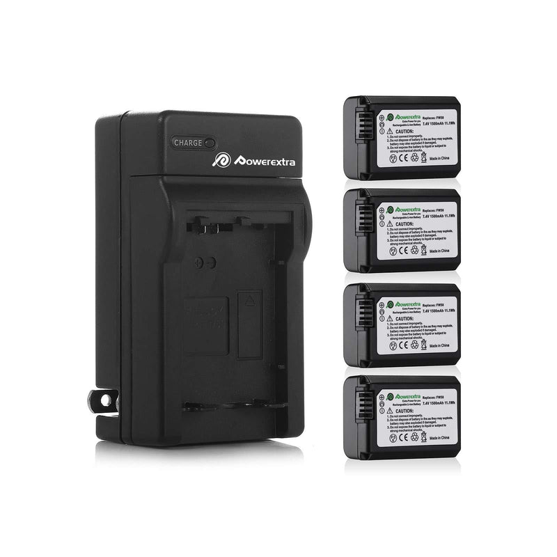 Powerextra Battery (4-Pack) and Charger for Sony NP-FW50 and Sony Alpha a6500, Alpha a6300, Alpha a6000, Alpha a7 II, Alpha a7R II, Alpha a7S II, Alpha a5000, Alpha a5100 Digital Camera