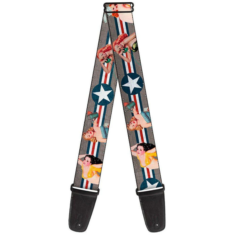 Buckle-Down Guitar Strap Pin Up Girl Poses Close Up Star Stripes Gray Blue White Red 2 Inches Wide, GS-W34253