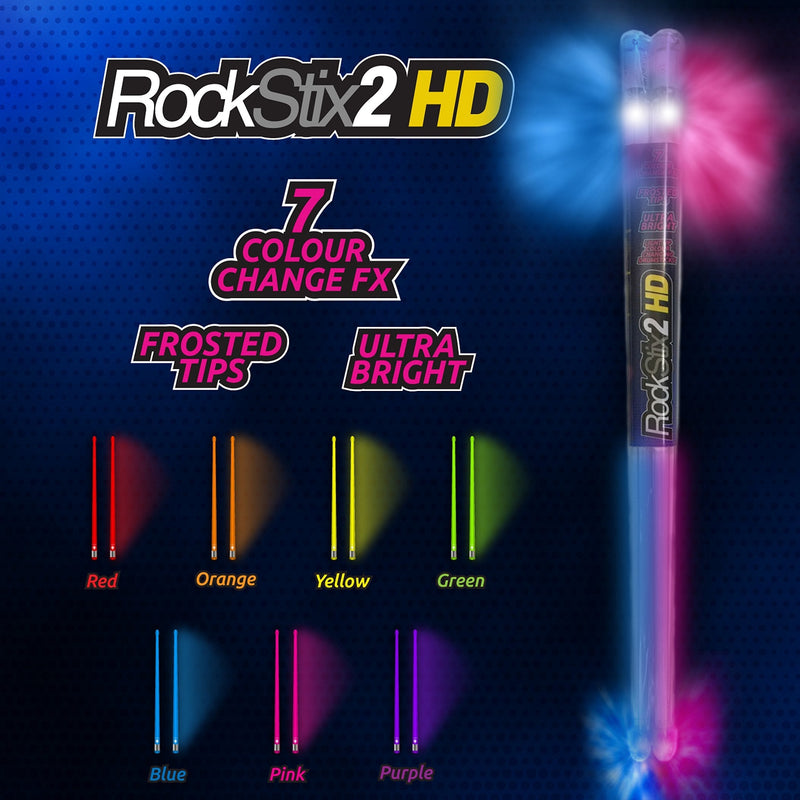 🥁Pair of ROCKSTIX 2 HD: BRIGHT LIGHT UP MULTI COLOR CHANGE LED DRUMSTICKS, 7 Amazing Color effects, Set your gig on fire!