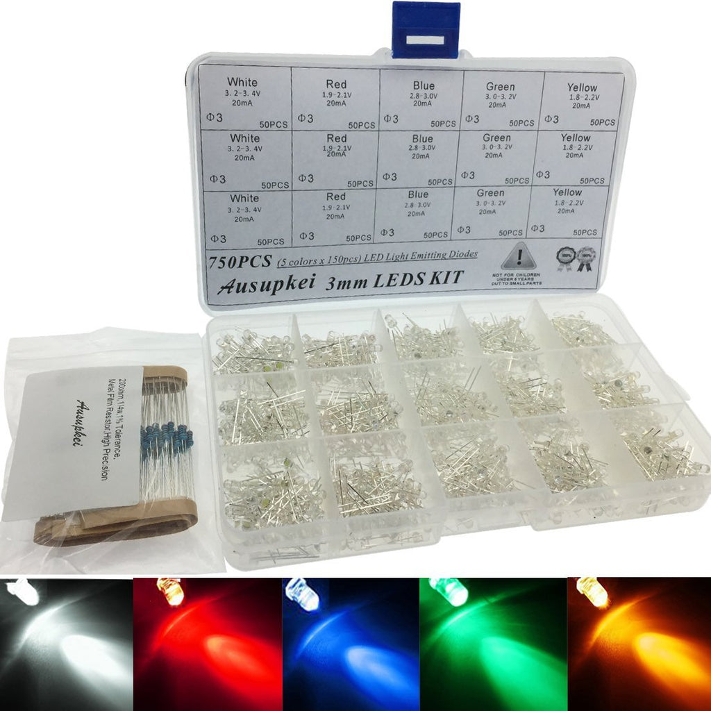 Ausupkei 750PCS (5 Colorsx150pcs) 3mm Clear Round LED Emitting Diodes Light with Color White | Red | Blue | Green | Yellow (Each Color of 150pcs) and 100PCS 200ohm Resistor Included