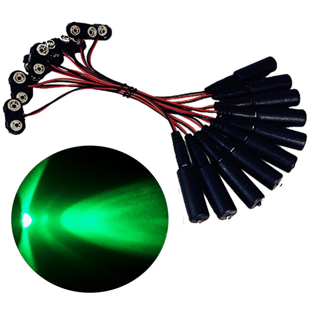 [AUSTRALIA] - 10 pack green LED effects light operates from 9V battery, narrow spot lights for prop scenery theatrical costumes hand props with 9 volt battery clips 