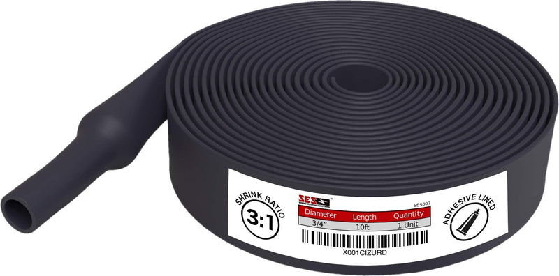 Dual Wall Adhesive Marine Heat Shrink - 10 Ft Roll - 3/4 Inch Diameter - Black 10 Feet - 3/4 Inch - Black