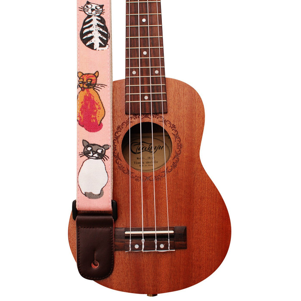 MUSIC FIRST Original Design"MISS CAT" Soft Cotton & Genuine Leather Ukulele Strap Ukulele Shoulder Strap