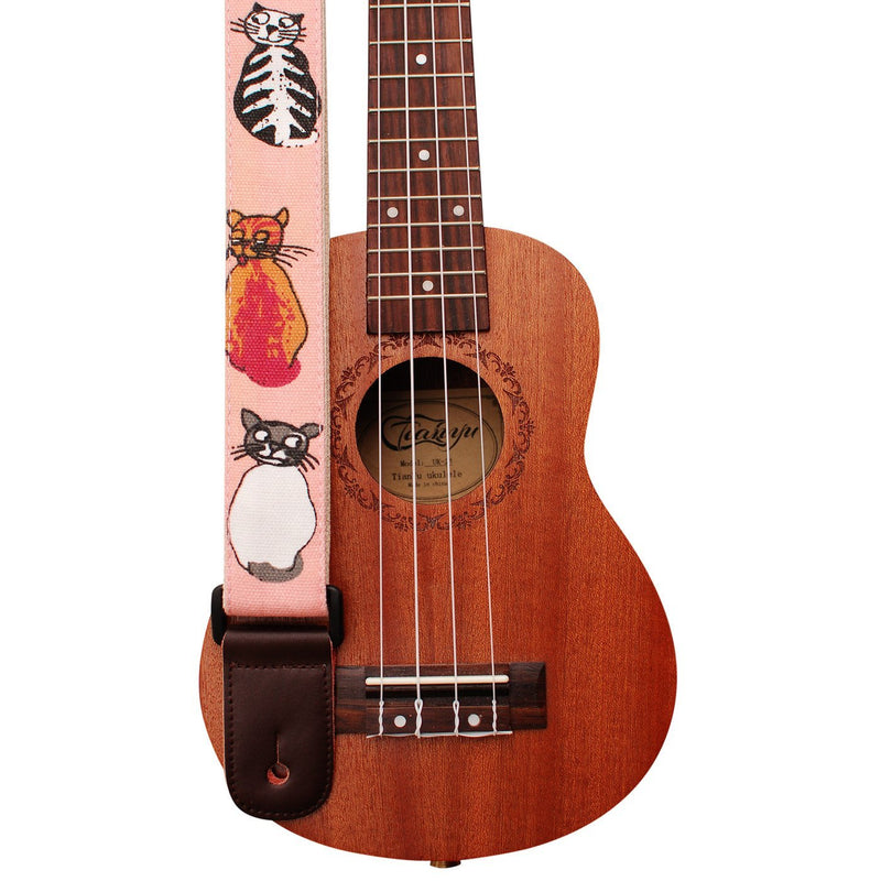 MUSIC FIRST Original Design"MISS CAT" Soft Cotton & Genuine Leather Ukulele Strap Ukulele Shoulder Strap